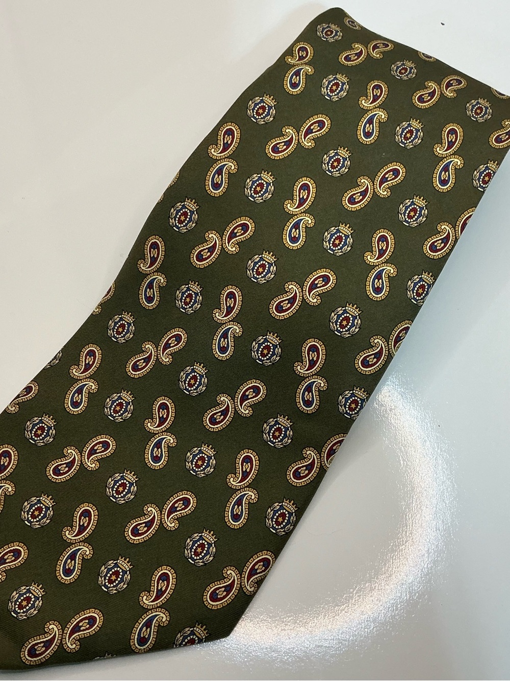 Tommy Hilfiger Olive Green Paisley Silk Tie with Maroon and Gold Accents